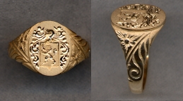 Ladies Gold Family Crest Solid Ring with Carved Shank by Heraldica Imports