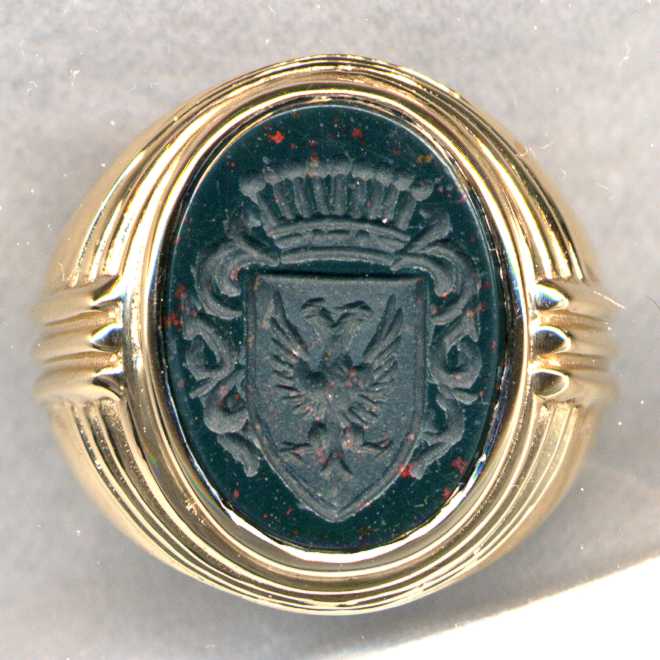 A man's Family Crest Ring in Bloodstone.