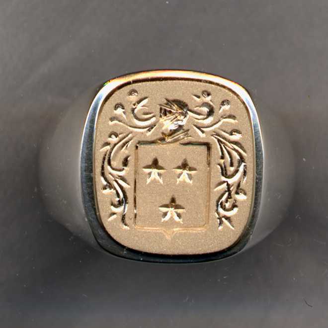 A two tone men's Family Crest Ring.